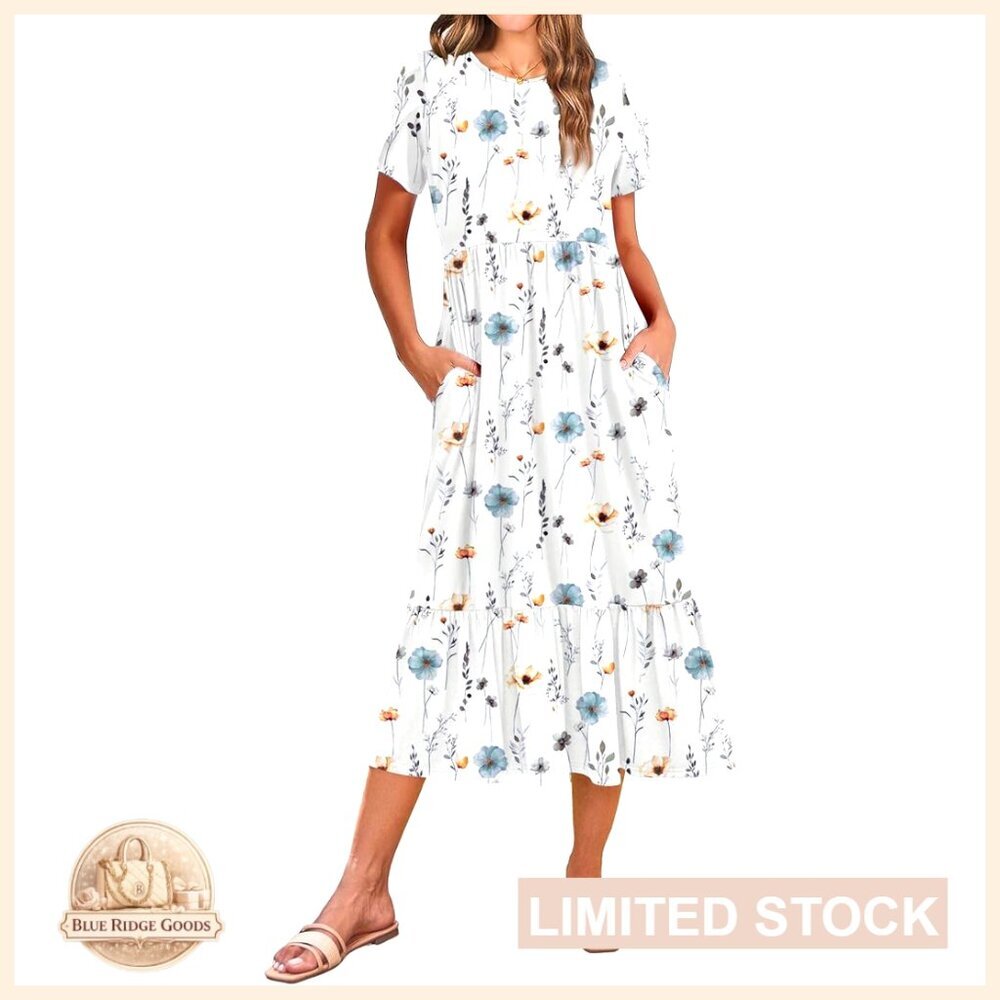 Summer Midi A-Line Dress Casual Flowy Tiered Beach Sundress with Pockets